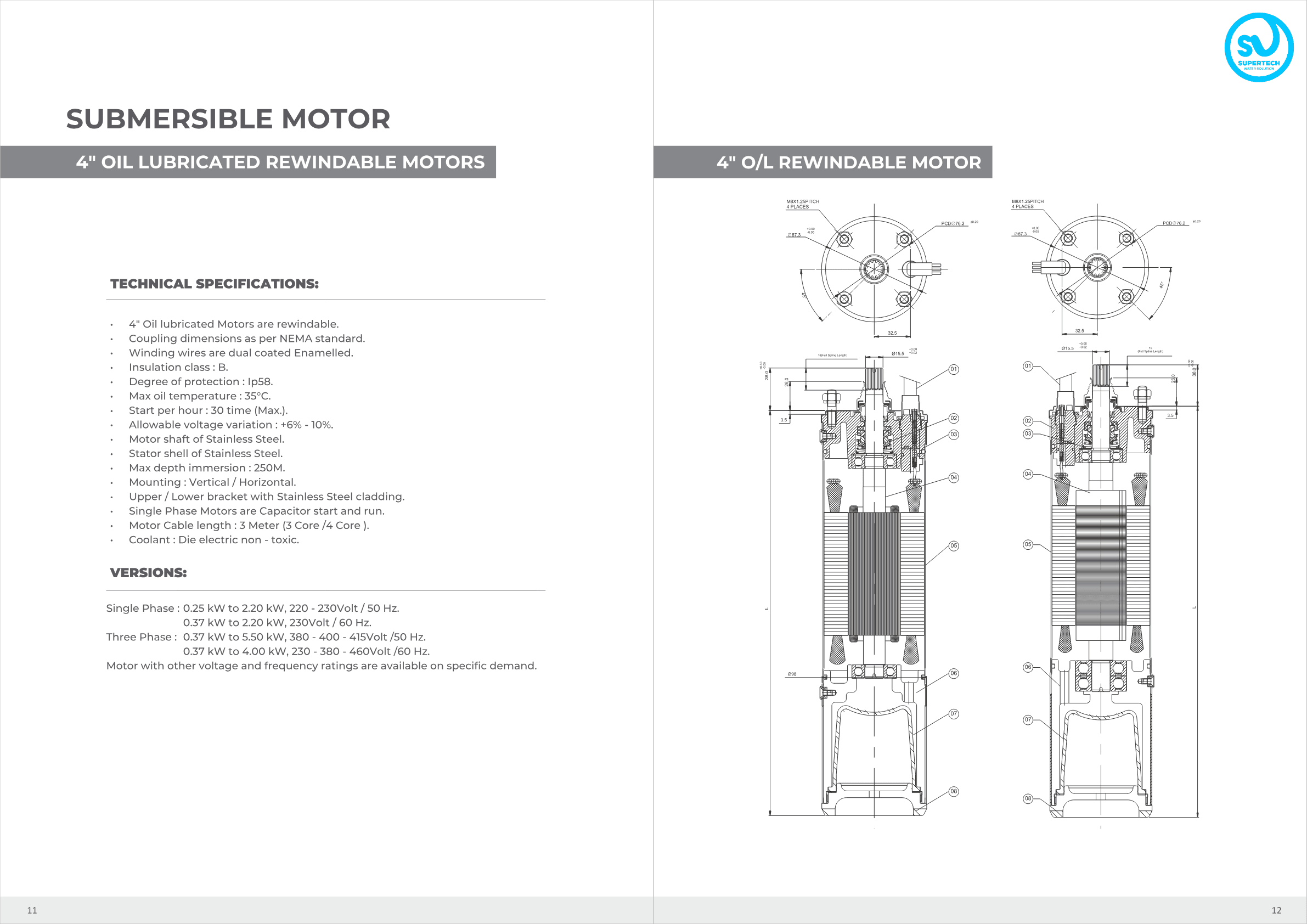 4'' Oil Lubricated Rewindable Motor — specifications and cross-section (Motor-A & Motor-B)