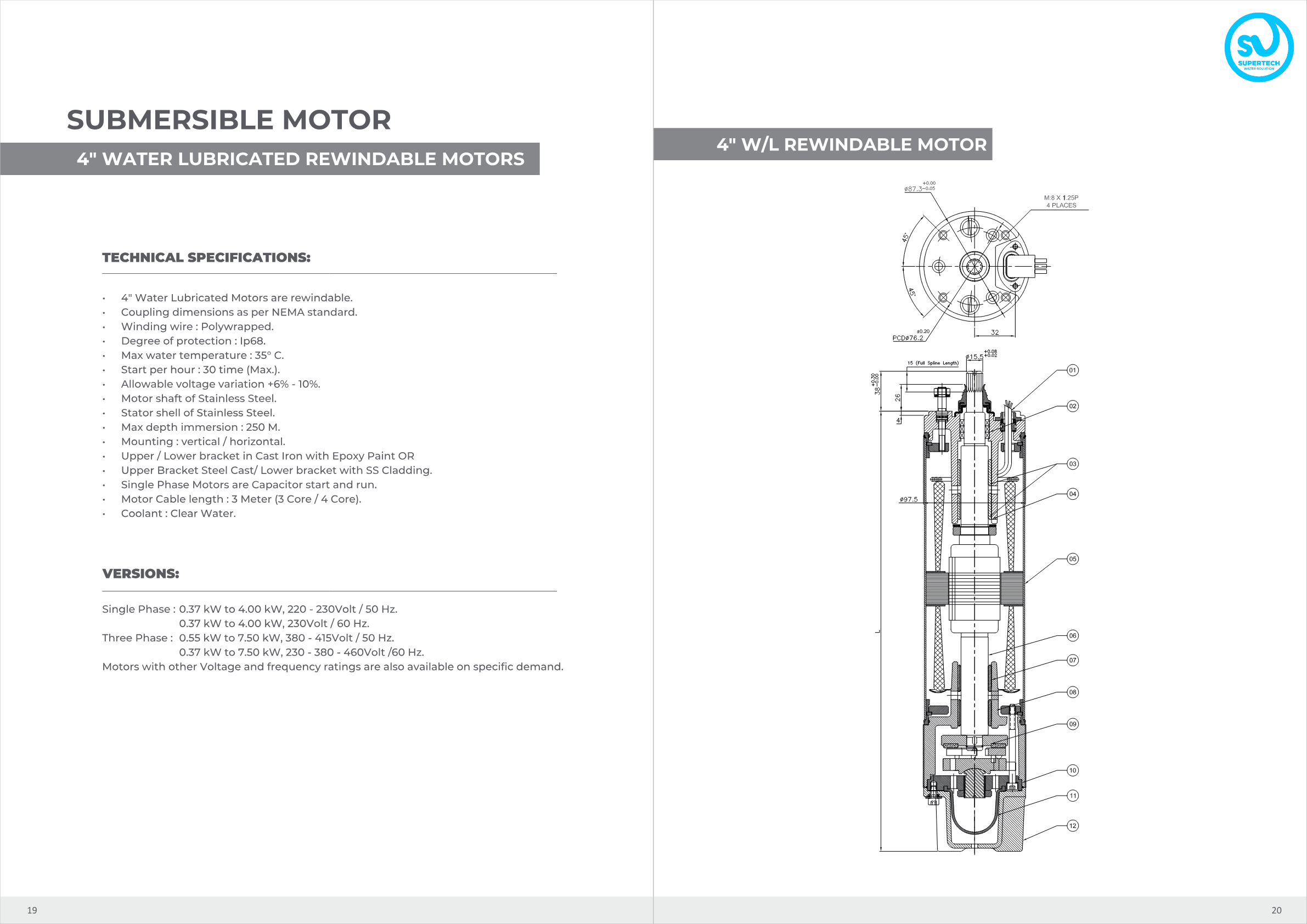 4'' water lubricated rewindable motor — technical specifications and cross-section