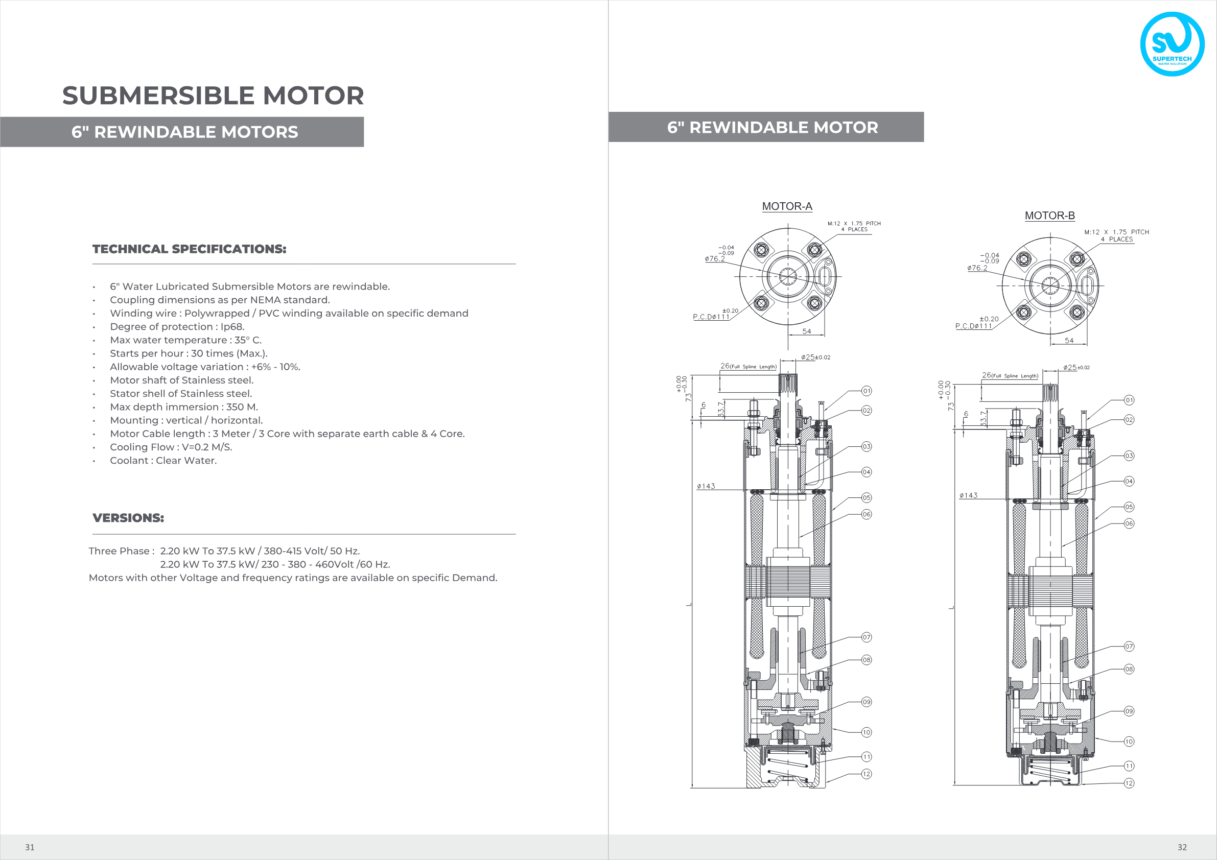 6'' water-lubricated rewindable submersible motor — Motor-A & Motor-B cross-sections, dimensional drawing