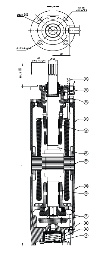V8 8-inch borewell submersible pump set — schematic cross-section