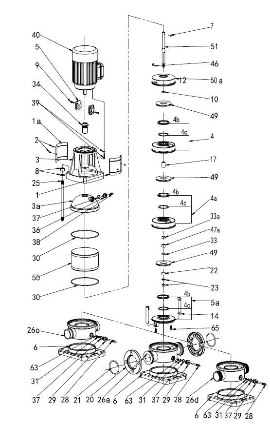 Vertical inline multi-stage pump — schematic